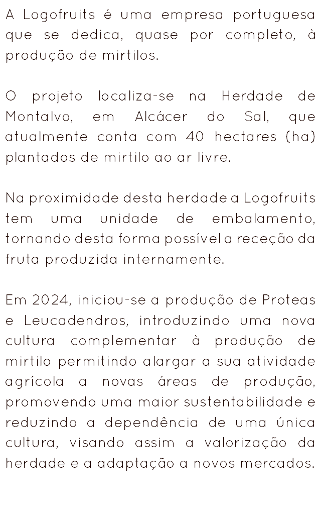 A Logofruits é uma empresa portuguesa que se dedica, quase por completo, à produção de mirtilos. O projeto localiza-se na Herdade de Montalvo, em Alcácer do Sal, que atualmente conta com 40 hectares (ha) plantados de mirtilo ao ar livre. Na proximidade desta herdade a Logofruits tem uma unidade de embalamento, tornando desta forma possível a receção da fruta produzida internamente. Em 2024, iniciou-se a produção de Proteas e Leucadendros, introduzindo uma nova cultura complementar à produção de mirtilo permitindo alargar a sua atividade agrícola a novas áreas de produção, promovendo uma maior sustentabilidade e reduzindo a dependência de uma única cultura, visando assim a valorização da herdade e a adaptação a novos mercados. 